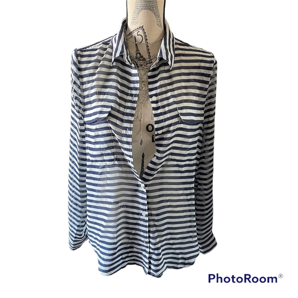 Old Navy Blue White Stripe Sheer Blouse size M